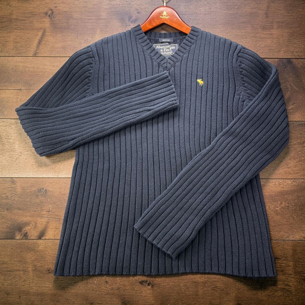 Vintage Y2K Abercrombie & Fitch Muscle Ribbed V-Neck Sweater Mens L Dark Navy
